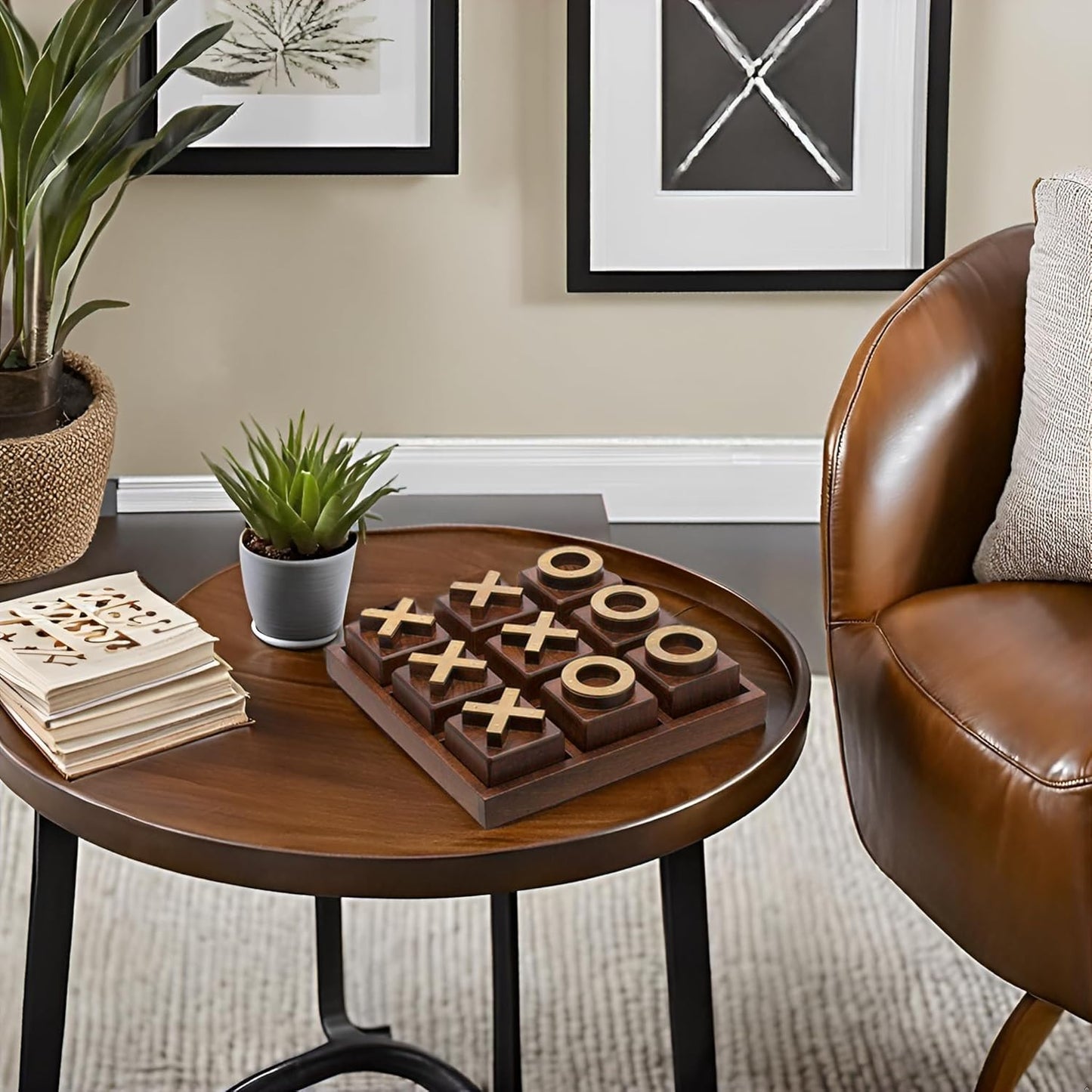 LABZIO Premium Wooden Tic-Tac-Toe Board Game | Handcrafted Board with 9 Brass Symbols | Classic Indoor Outdoor Party Toy for Kids & Adults | Fun Entertainment & Coffee Table Home Decor Set