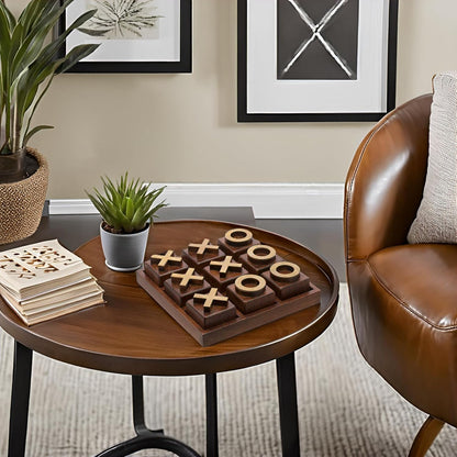 LABZIO Premium Wooden Tic-Tac-Toe Board Game | Handcrafted Board with 9 Brass Symbols | Classic Indoor Outdoor Party Toy for Kids & Adults | Fun Entertainment & Coffee Table Home Decor Set