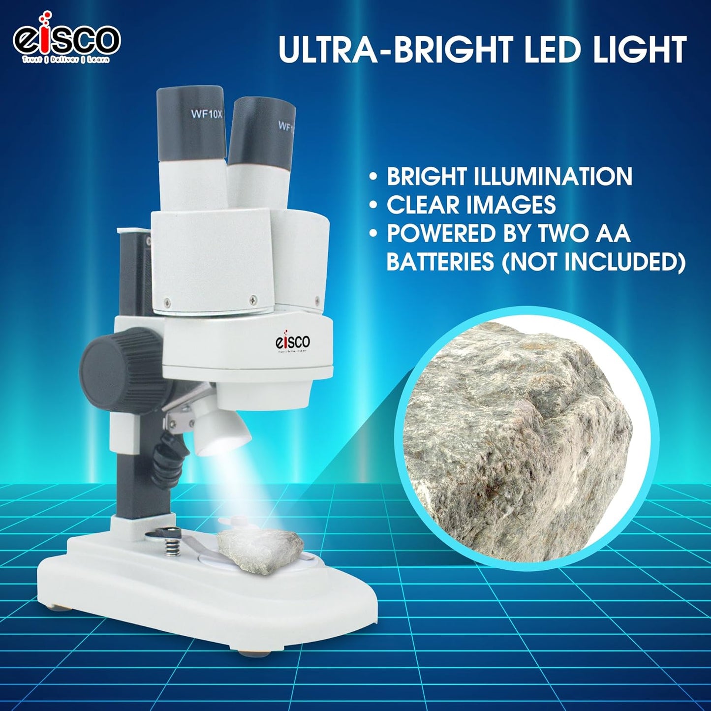 EISCO Stereo Binocular Microscope(mini), for Beginners, LED Light, White Stage, AA Battery Operated, Bilateral Coarse Focus, with Dustcover & Styrofoam Case