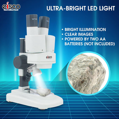 EISCO Stereo Binocular Microscope(mini), for Beginners, LED Light, White Stage, AA Battery Operated, Bilateral Coarse Focus, with Dustcover & Styrofoam Case