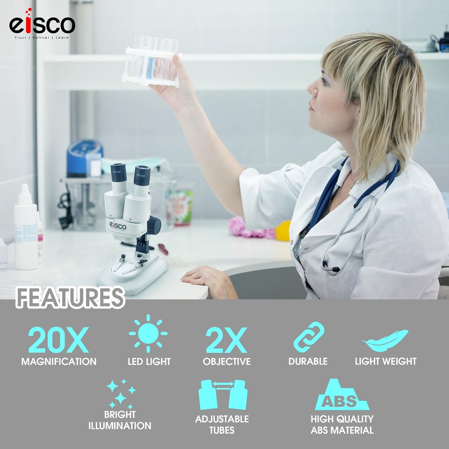 EISCO Stereo Binocular Microscope(mini), for Beginners, LED Light, White Stage, AA Battery Operated, Bilateral Coarse Focus, with Dustcover & Styrofoam Case
