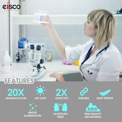 EISCO Stereo Binocular Microscope(mini), for Beginners, LED Light, White Stage, AA Battery Operated, Bilateral Coarse Focus, with Dustcover & Styrofoam Case