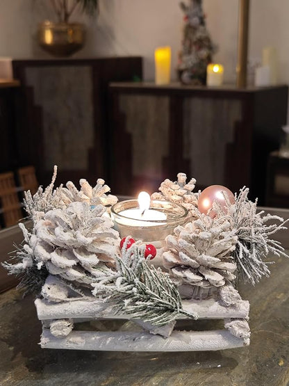 LABZIO Christmas Tree Candle Holder Centerpiece - Snow Frosted Pinecone & Berry Decoration with Glass Jar for Tea Light or Votive Candles - Festive Holiday Table Decor