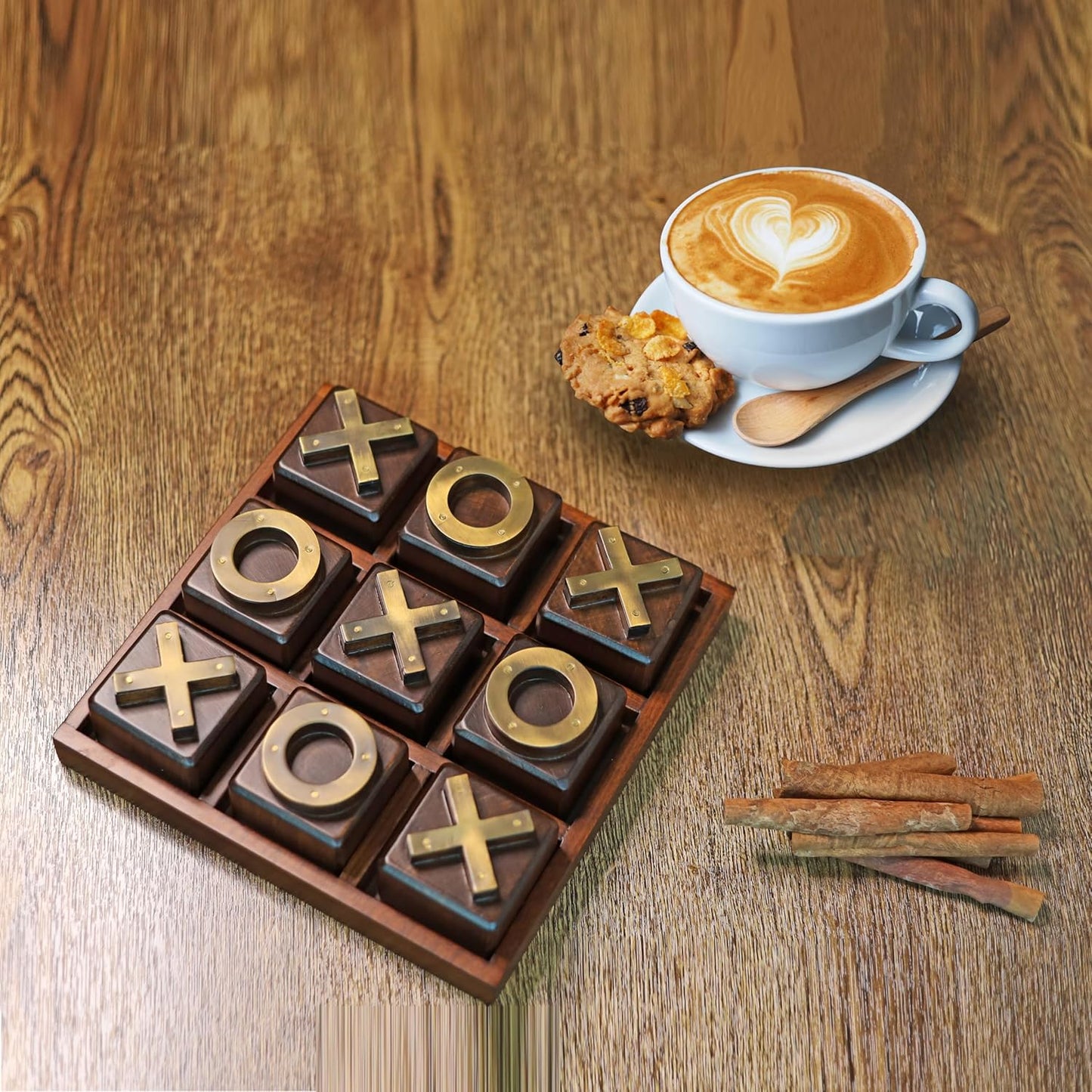 LABZIO Premium Wooden Tic-Tac-Toe Board Game | Handcrafted Board with 9 Brass Symbols | Classic Indoor Outdoor Party Toy for Kids & Adults | Fun Entertainment & Coffee Table Home Decor Set