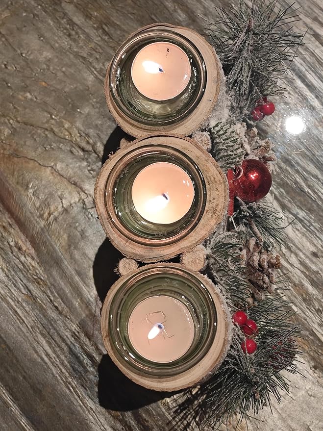 LABZIO Rustic Log-Style Christmas Tree Candle Holder - Snow Frosted Pinecones, Red Baubles & Star Accent - Triple Glass Jar Centerpiece for Tea Lights - Holiday Table Decor