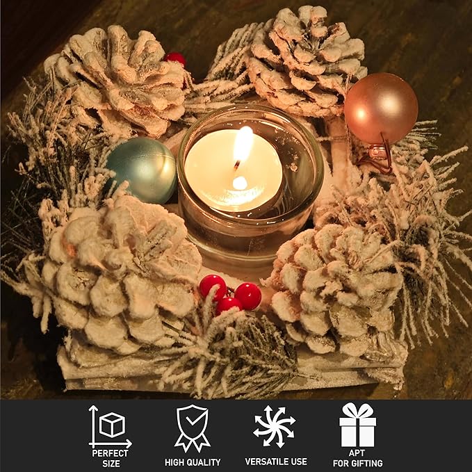 LABZIO Christmas Tree Candle Holder Centerpiece - Snow Frosted Pinecone & Berry Decoration with Glass Jar for Tea Light or Votive Candles - Festive Holiday Table Decor