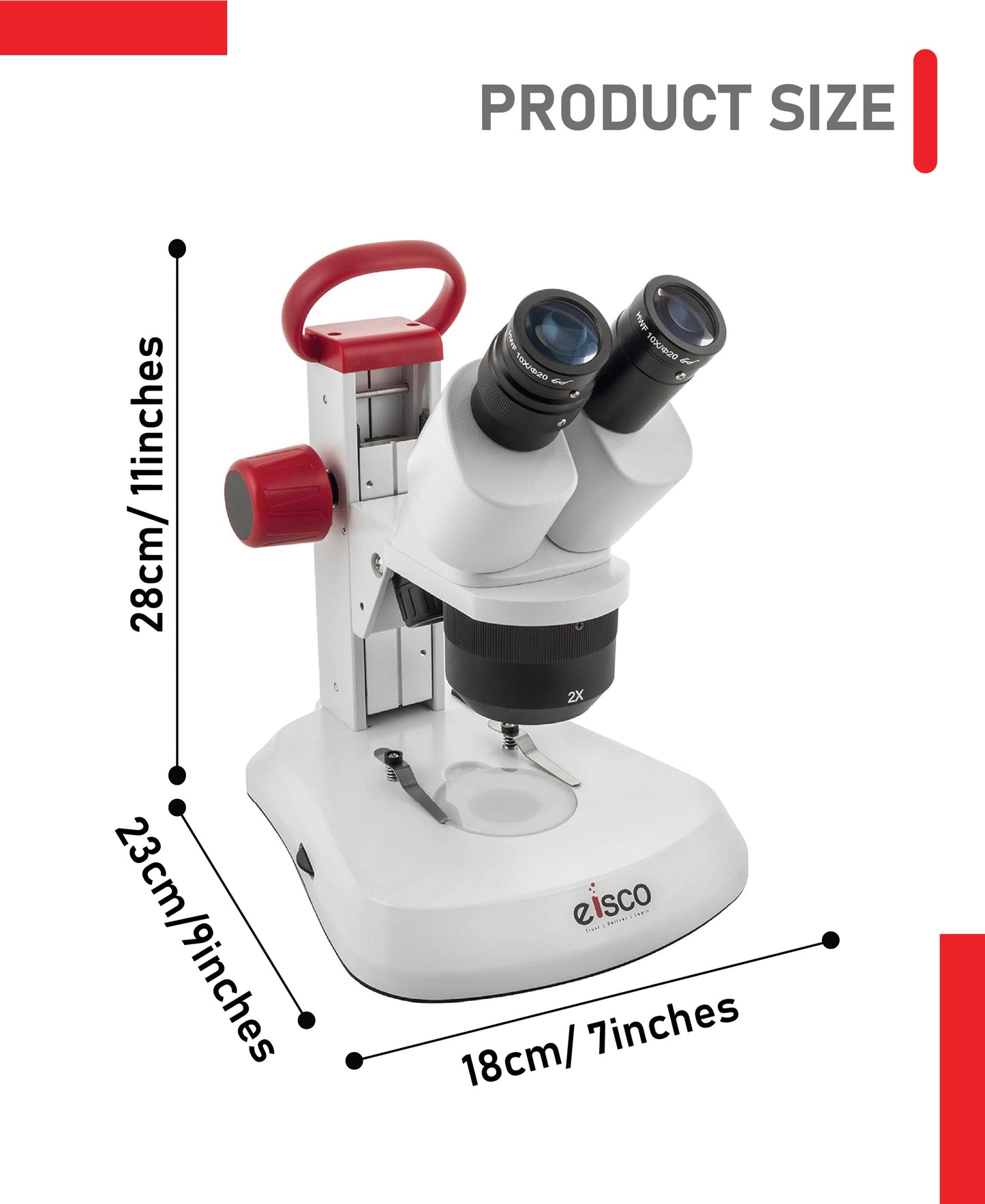 EISCO Premium Redline Stereo Binocular Microscope – Dual Magnification 10X/20X – Incident & Transmitted LED with Adjustable Illumination – Wide Field Eyepieces, Eyeshades, Durable Carry Handle