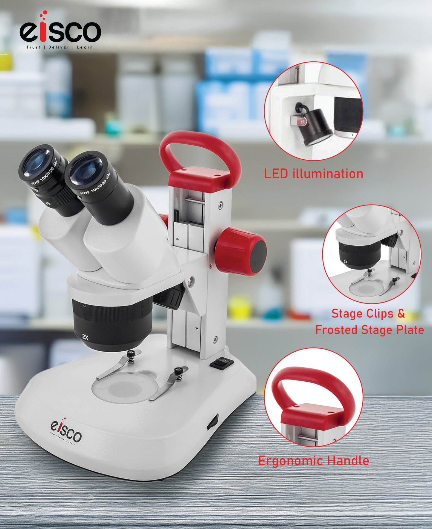 EISCO Premium Redline Stereo Binocular Microscope – Dual Magnification 10X/20X – Incident & Transmitted LED with Adjustable Illumination – Wide Field Eyepieces, Eyeshades, Durable Carry Handle