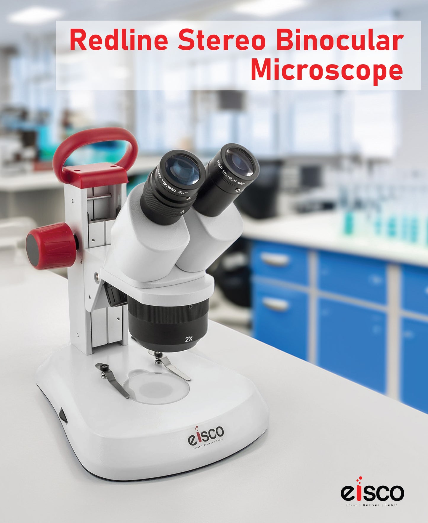 EISCO Premium Redline Stereo Binocular Microscope – Dual Magnification 10X/20X – Incident & Transmitted LED with Adjustable Illumination – Wide Field Eyepieces, Eyeshades, Durable Carry Handle