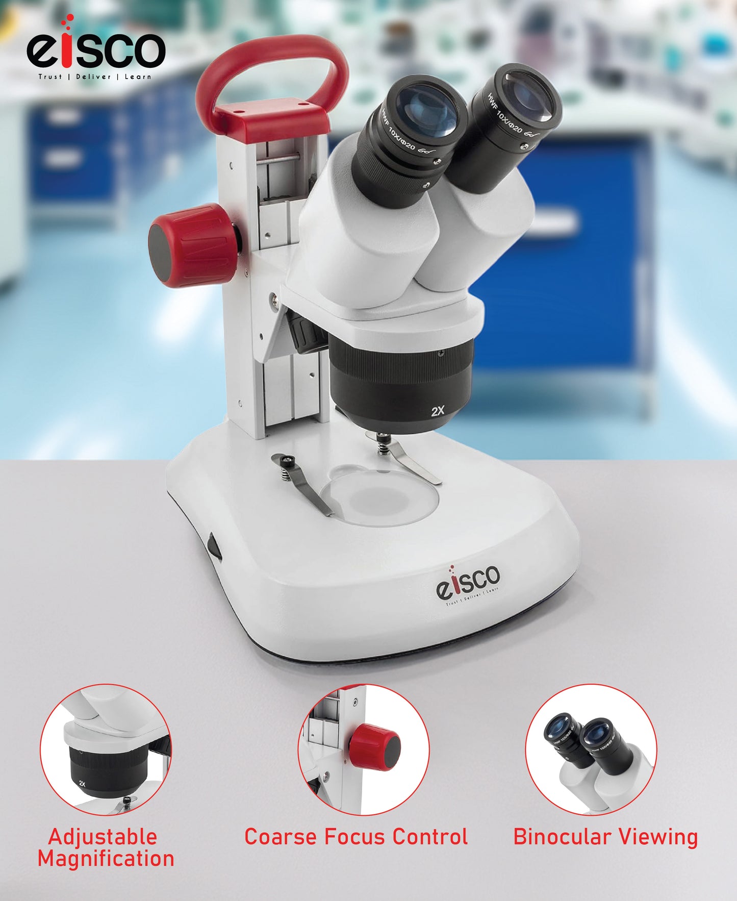 EISCO Premium Redline Stereo Binocular Microscope – Dual Magnification 10X/20X – Incident & Transmitted LED with Adjustable Illumination – Wide Field Eyepieces, Eyeshades, Durable Carry Handle