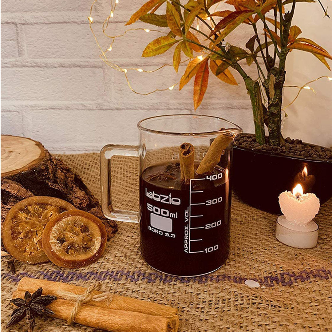 Labzio - Hand Crafted Premium Beaker Mug with Handle, Perfect for Coffee, Cocktails, Mocktails, Measuring Cup for Bakers, Made of Borosilicate Glass 3.3,Microwave Safe, 500 ml