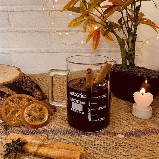 Labzio - Hand Crafted Premium Beaker Mug with Handle, Perfect for Coffee, Cocktails, Mocktails, Measuring Cup for Bakers, Made of Borosilicate Glass 3.3,Microwave Safe, 500 ml
