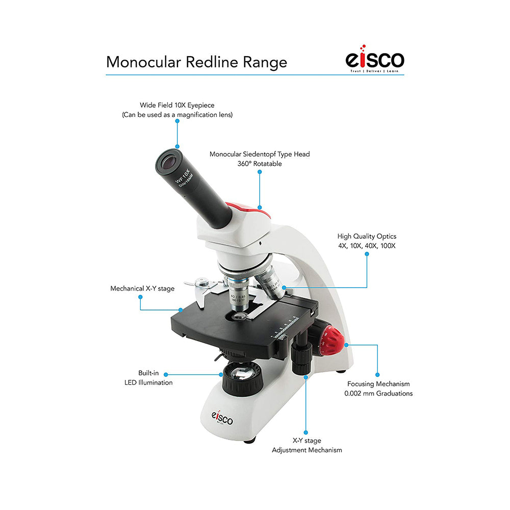 Premium Redline Range Monocular Microscope, WF 10X Eyepiece, 4X, 10X, 40X & 100X Objectives, 360° Rotatable Head, LED Illumination, Mechanical X-Y Axis Stage