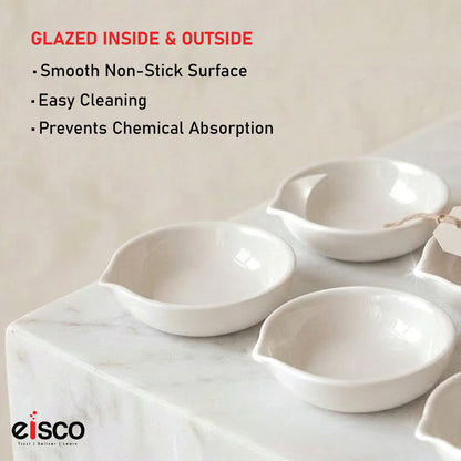 EISCO - Evaporating Dish, Made of Porcelain, Flat Form, with Spout, Glazed Inside & Outside, 35 ml Capacity, 70 mm Outer Dia.Pack of 6