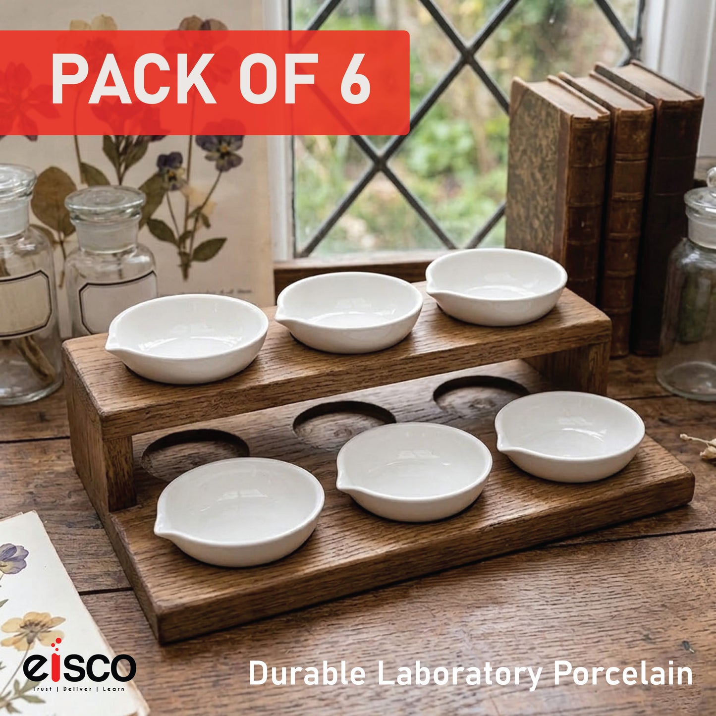 EISCO - Evaporating Dish, Made of Porcelain, Flat Form, with Spout, Glazed Inside & Outside, 35 ml Capacity, 70 mm Outer Dia.Pack of 6