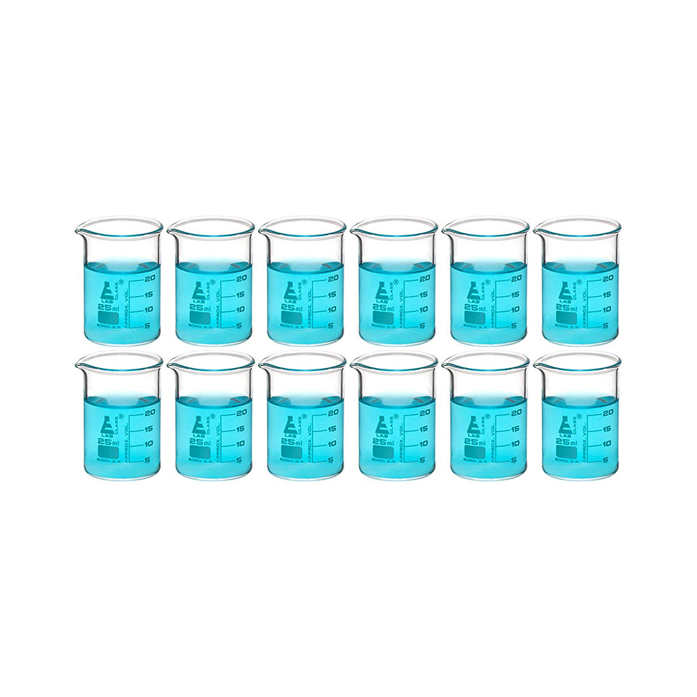 Beaker - 25 ml Low Form Borosilicate Glass 3.3 Graduated as per DIN 12231 ISO 3819 - Pack of 12