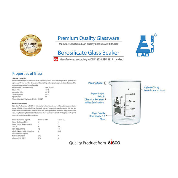Beaker - 600 ml, Low Form, Borosilicate Glass, Graduated as per DIN 12231, ISO 3819 - Pack of 5