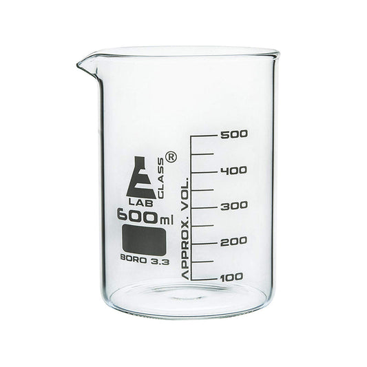 Beaker - 600 ml, Low Form, Borosilicate Glass, Graduated as per DIN 12231, ISO 3819 - Pack of 5