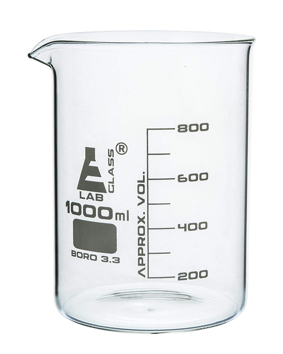 Beaker, 1000 ml, Low Form, Borosilicate Glass, Graduated as Per DIN 12231, ISO 3819, Pack of 6