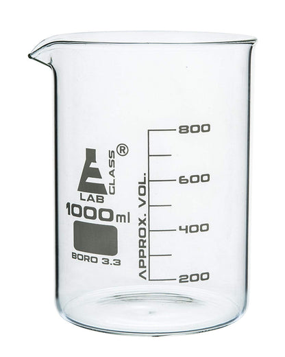 Beaker, 1000 ml, Low Form, Borosilicate Glass, Graduated as Per DIN 12231, ISO 3819, Pack of 6