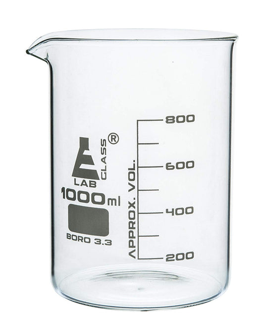 Beaker, 1000 ml, Low Form, Borosilicate Glass, Graduated as Per DIN 12231, ISO 3819, Pack of 6