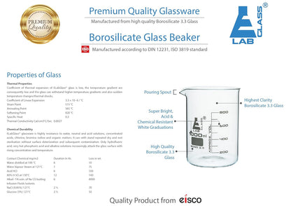 Beaker, 1000 ml, Low Form, Borosilicate Glass, Graduated as Per DIN 12231, ISO 3819, Pack of 6