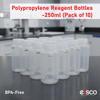 Polypropylene Reagent Bottle, 250 ml, Wide Neck, Autoclavable, Leak Proof, Pack of 10