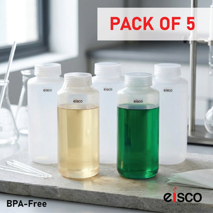 Polypropylene Reagent Bottle, 1000 ml, Wide Neck, Autoclavable, Leak Proof, Pack of 5