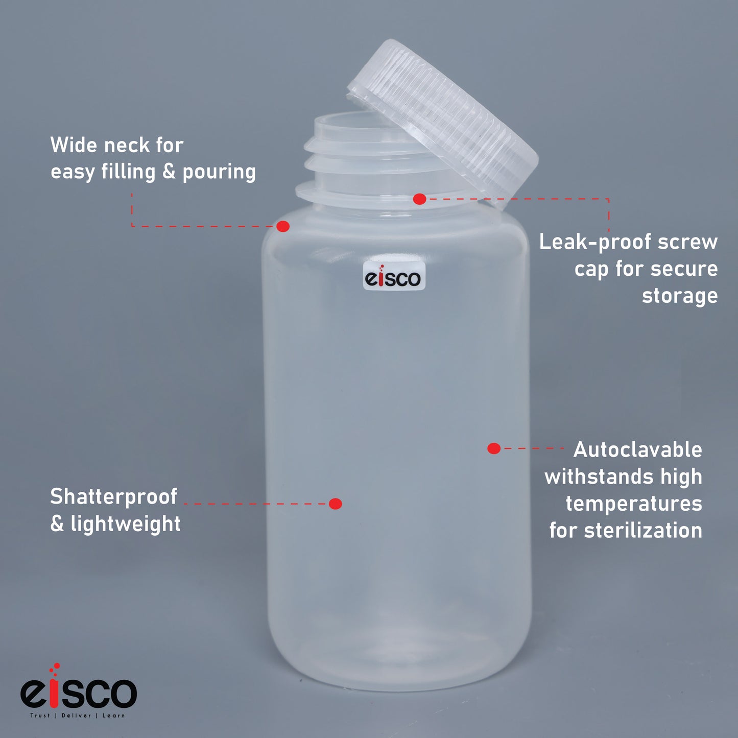Polypropylene Reagent Bottle, 250 ml, Wide Neck, Autoclavable, Leak Proof, Pack of 10