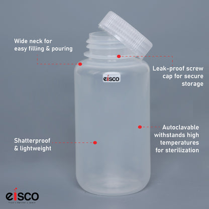 Polypropylene Reagent Bottle, 250 ml, Wide Neck, Autoclavable, Leak Proof, Pack of 10