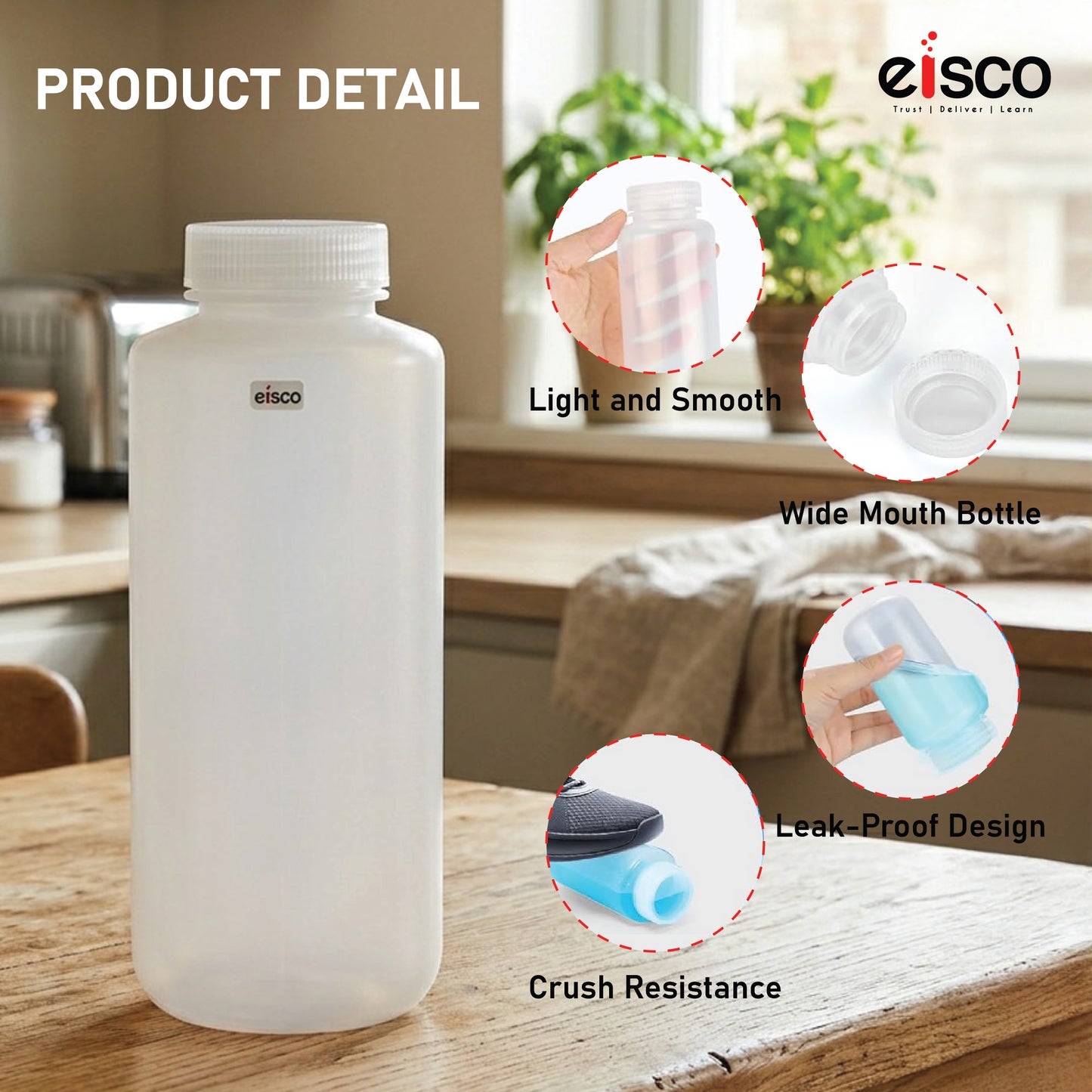 Polypropylene Reagent Bottle, 1000 ml, Wide Neck, Autoclavable, Leak Proof, Pack of 5