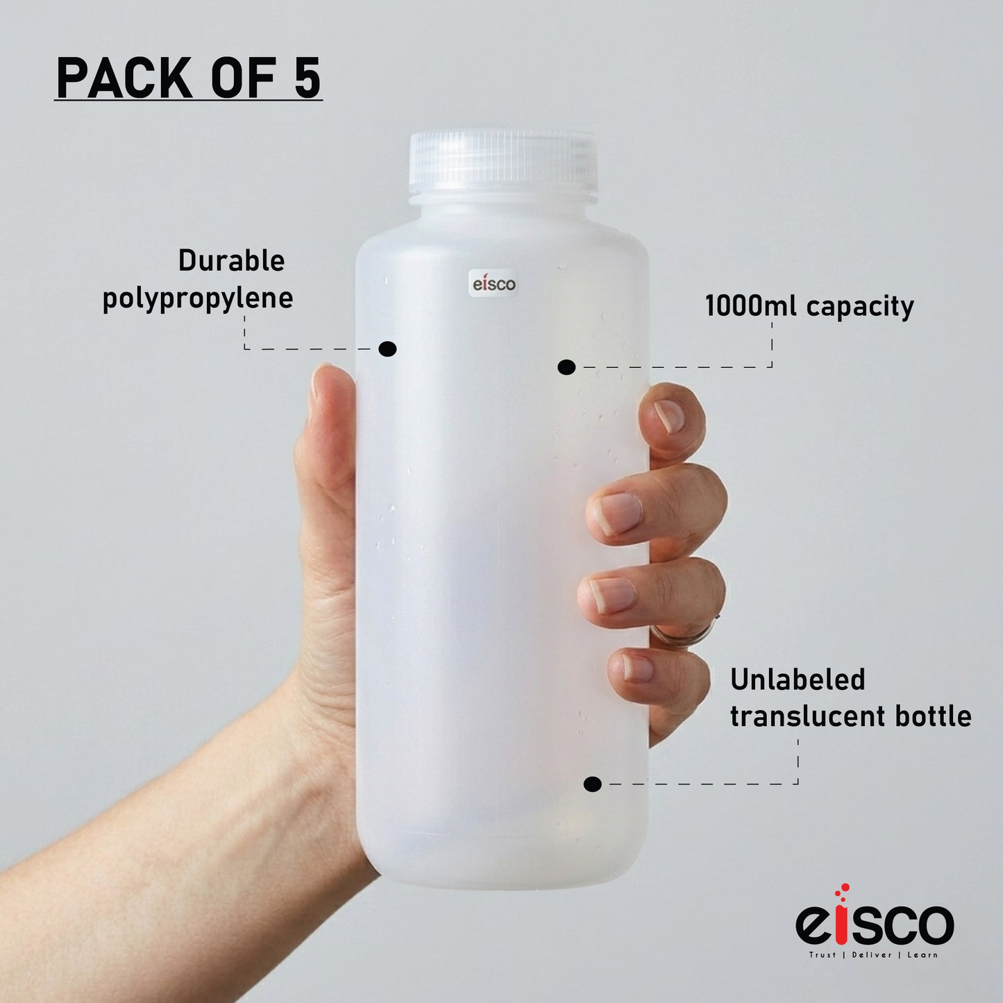 Polypropylene Reagent Bottle, 1000 ml, Wide Neck, Autoclavable, Leak Proof, Pack of 5