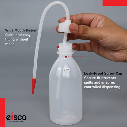 Eisco ( Pack of 6 x 250ml Polyethylene Wash Bottles – Unbreakable, Leakproof Lab Bottles with Flexible Delivery Tube | Chemical Resistant | Easy Squeeze Bottles for Laboratory Use