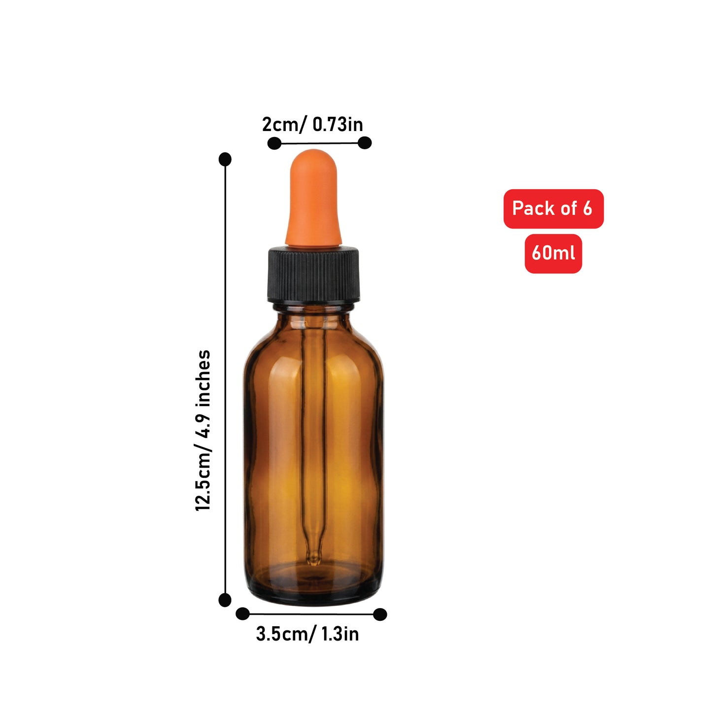 Amber Glass Bottle with Glass Dropper Dispenser, Used for Lab Chemicals, Perfumes, Colognes, Extracts, 60 ml, Pack of 6