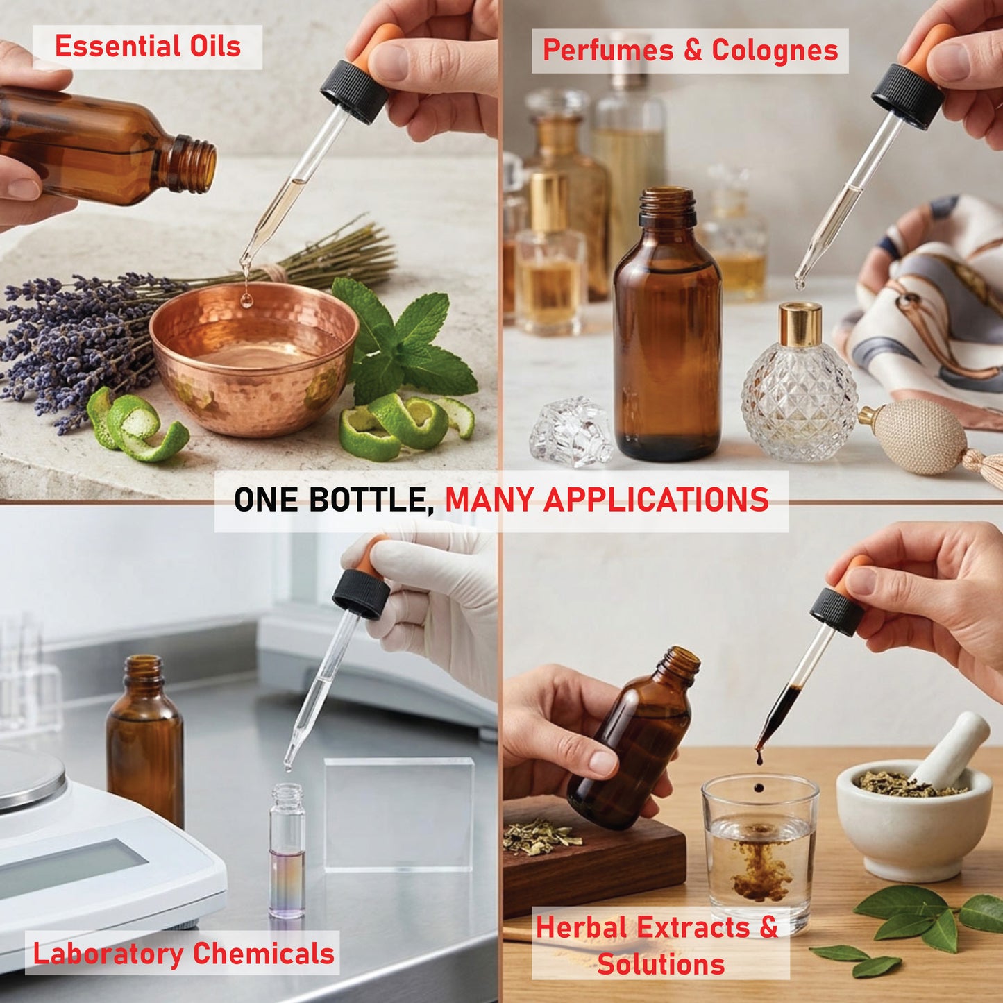 Amber Glass Bottle with Glass Dropper Dispenser, Used for Lab Chemicals, Perfumes, Colognes, Extracts, 60 ml, Pack of 6