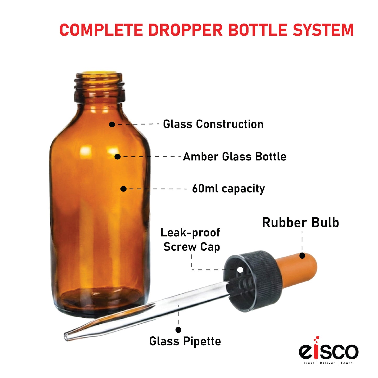 Amber Glass Bottle with Glass Dropper Dispenser, Used for Lab Chemicals, Perfumes, Colognes, Extracts, 60 ml, Pack of 6