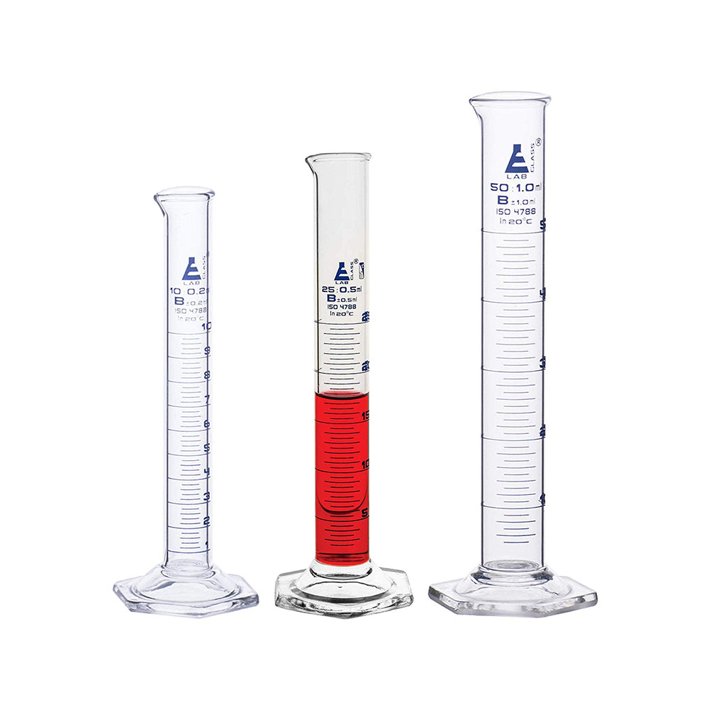 LabGlass by Measuring Cylinders, 10 ml, 25 ml & 50 ml, Graduated, Class-B, Hexagonal Base with Spout, Borosilicate Glass 3.3, Blue Graduations, Set of 3