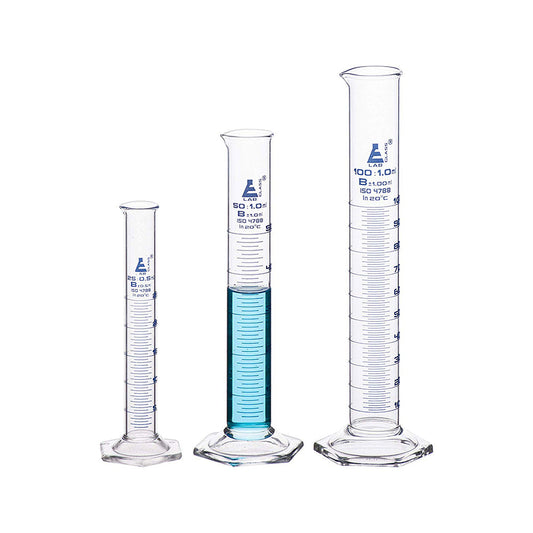 LabGlass by Measuring Cylinders, 25 ml, 50 ml & 100 ml, Graduated, Class-B, Hexagonal Base with Spout, Borosilicate Glass 3.3, Blue Graduations, Set of 3