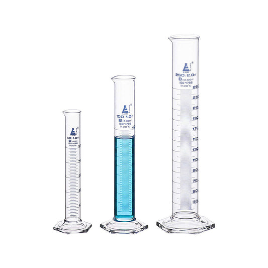 LabGlass by EISCO - Measuring Cylinders, 50 ml, 100 ml & 250 ml, Graduated, Class-B, Hexagonal Base with Spout, Borosilicate Glass 3.3, Blue Graduations, Set of 3