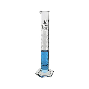 Measuring Cylinder, 100 ml, Graduated, Class-B, Hexagonal Base with Spout, Borosilicate Glass 3.3, White Graduations, Pack of 2