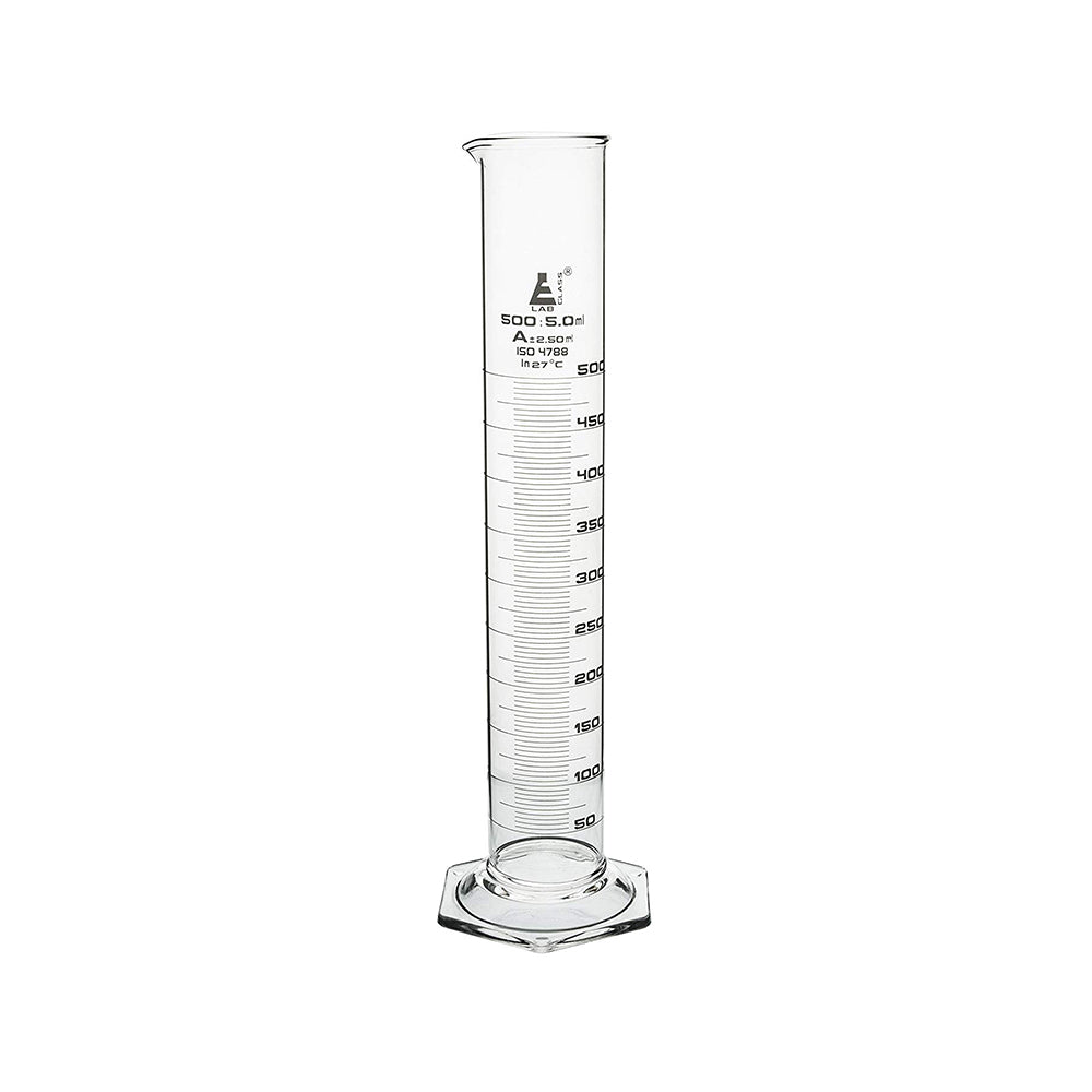 Measuring Cylinder, NABL Certified, Hexagonal Base, Class-A, 500 ml, Highest Accuracy with Calibration Certificate, Calibrated in 27 Degrees