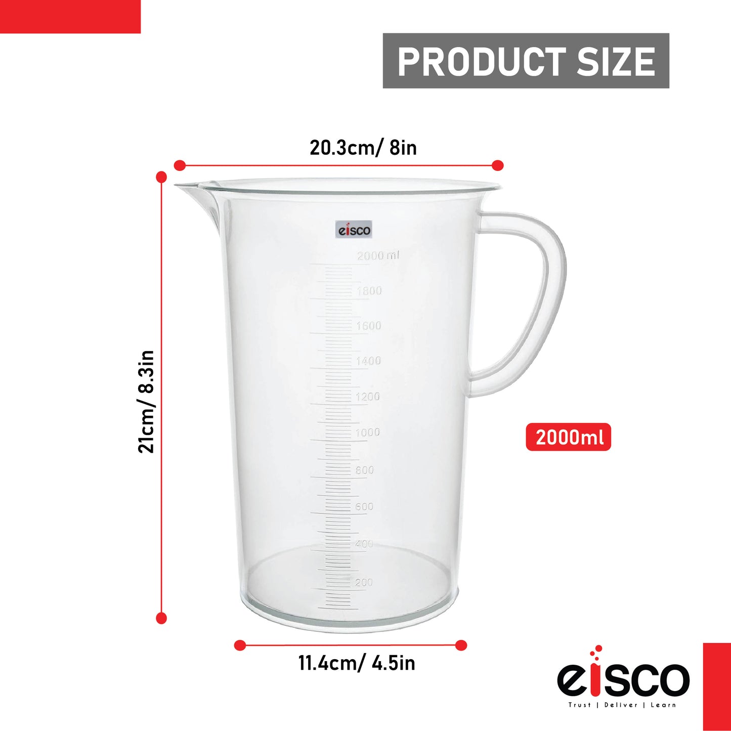 EISCO - Beaker with Handle and Spout, 2000 ml, made of Polypropylene, High Quality, Excellent Clarity, Autoclavable, Good Chemical Resistance, 20 ml Graduations