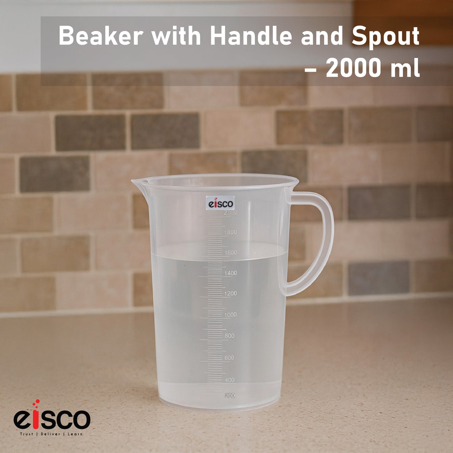 EISCO - Beaker with Handle and Spout, 2000 ml, made of Polypropylene, High Quality, Excellent Clarity, Autoclavable, Good Chemical Resistance, 20 ml Graduations