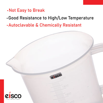 EISCO - Beaker with Handle and Spout, 2000 ml, made of Polypropylene, High Quality, Excellent Clarity, Autoclavable, Good Chemical Resistance, 20 ml Graduations