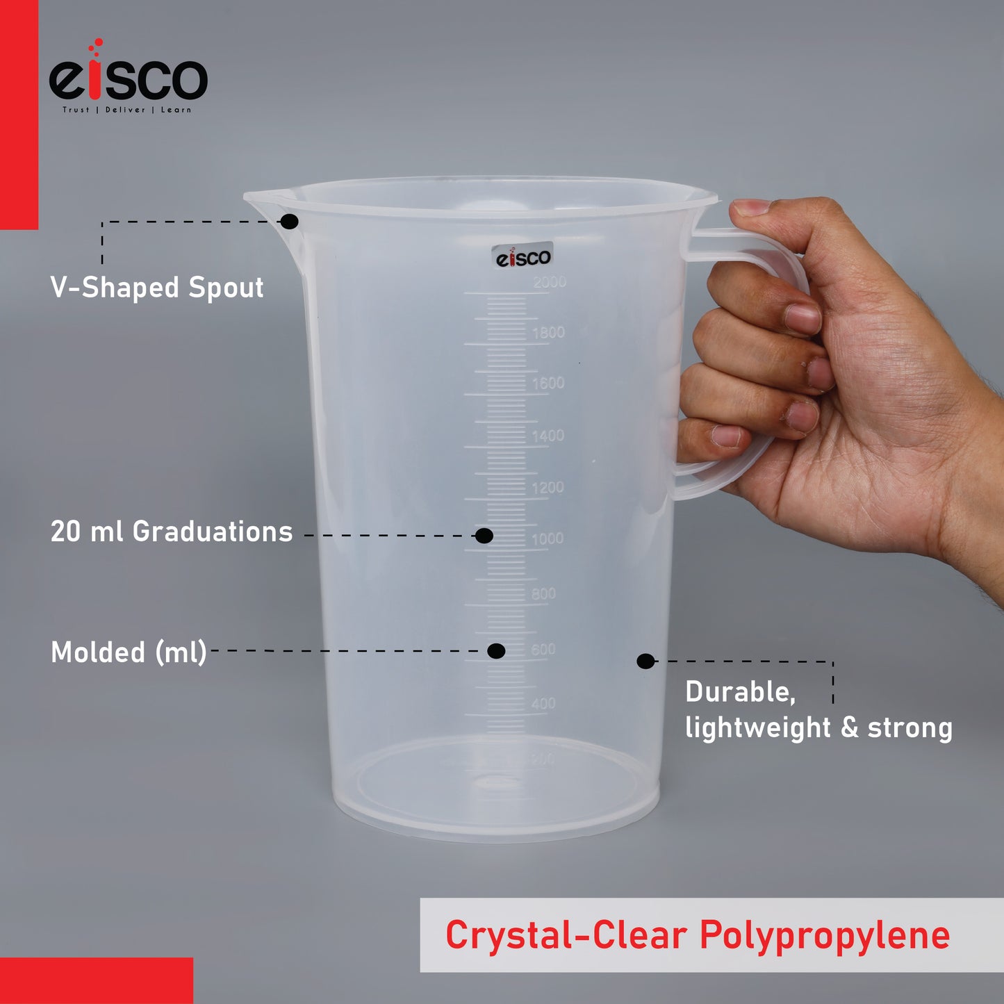 EISCO - Beaker with Handle and Spout, 2000 ml, made of Polypropylene, High Quality, Excellent Clarity, Autoclavable, Good Chemical Resistance, 20 ml Graduations