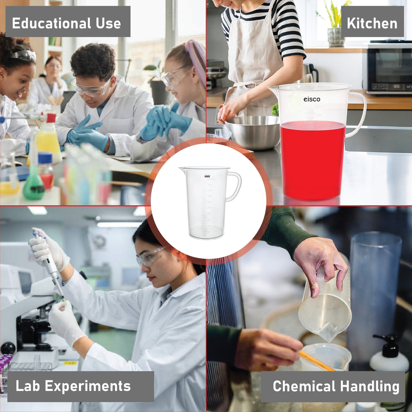 EISCO - Beaker with Handle and Spout, 2000 ml, made of Polypropylene, High Quality, Excellent Clarity, Autoclavable, Good Chemical Resistance, 20 ml Graduations