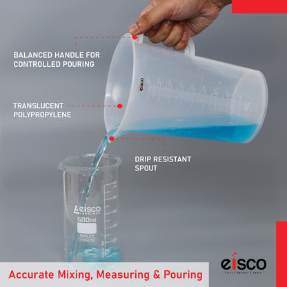 EISCO - Beaker with Handle and Spout, 2000 ml, made of Polypropylene, High Quality, Excellent Clarity, Autoclavable, Good Chemical Resistance, 20 ml Graduations