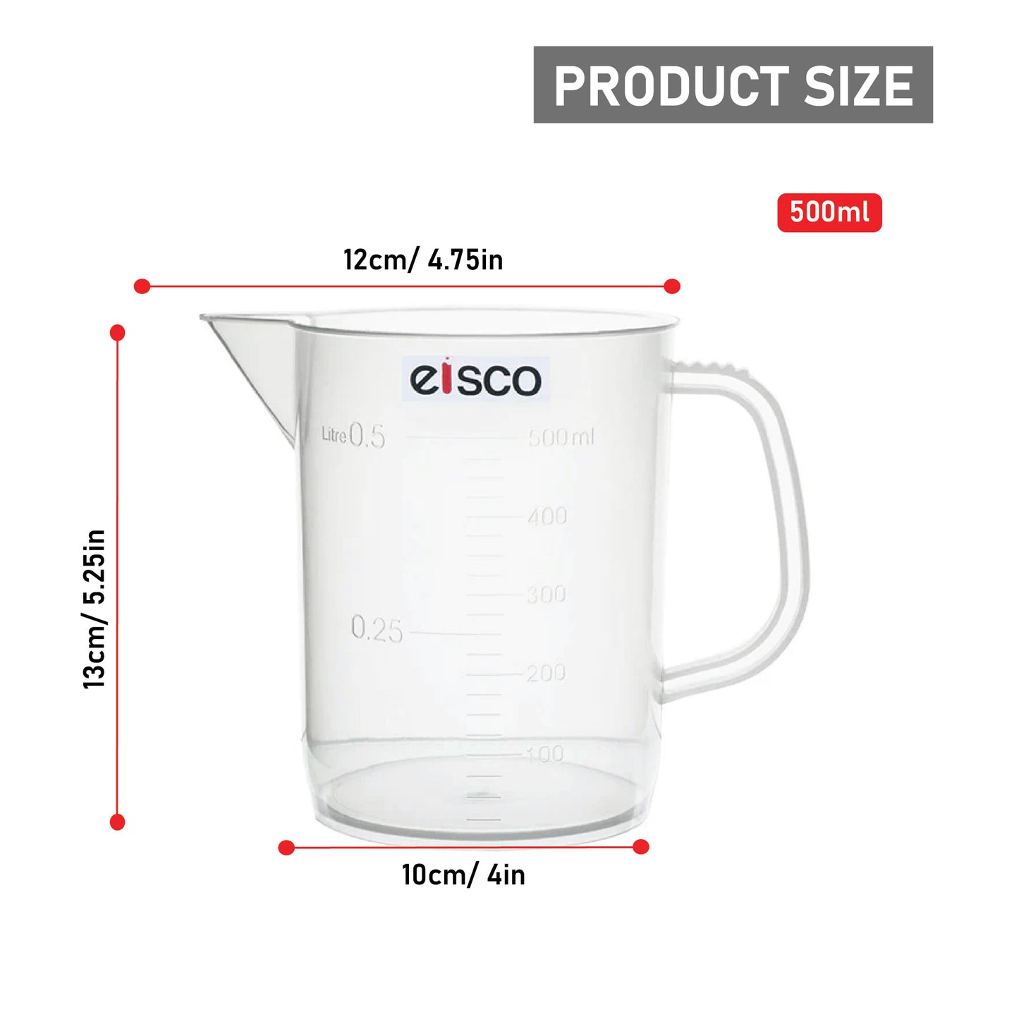 Beaker with Handle and Spout (Measuring Jug), 500 ml, Short Form, Made of Polypropylene, Graduated, Autoclavable, Good Chemical Resistance