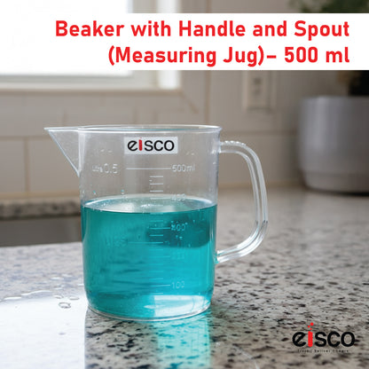 Beaker with Handle and Spout (Measuring Jug), 500 ml, Short Form, Made of Polypropylene, Graduated, Autoclavable, Good Chemical Resistance