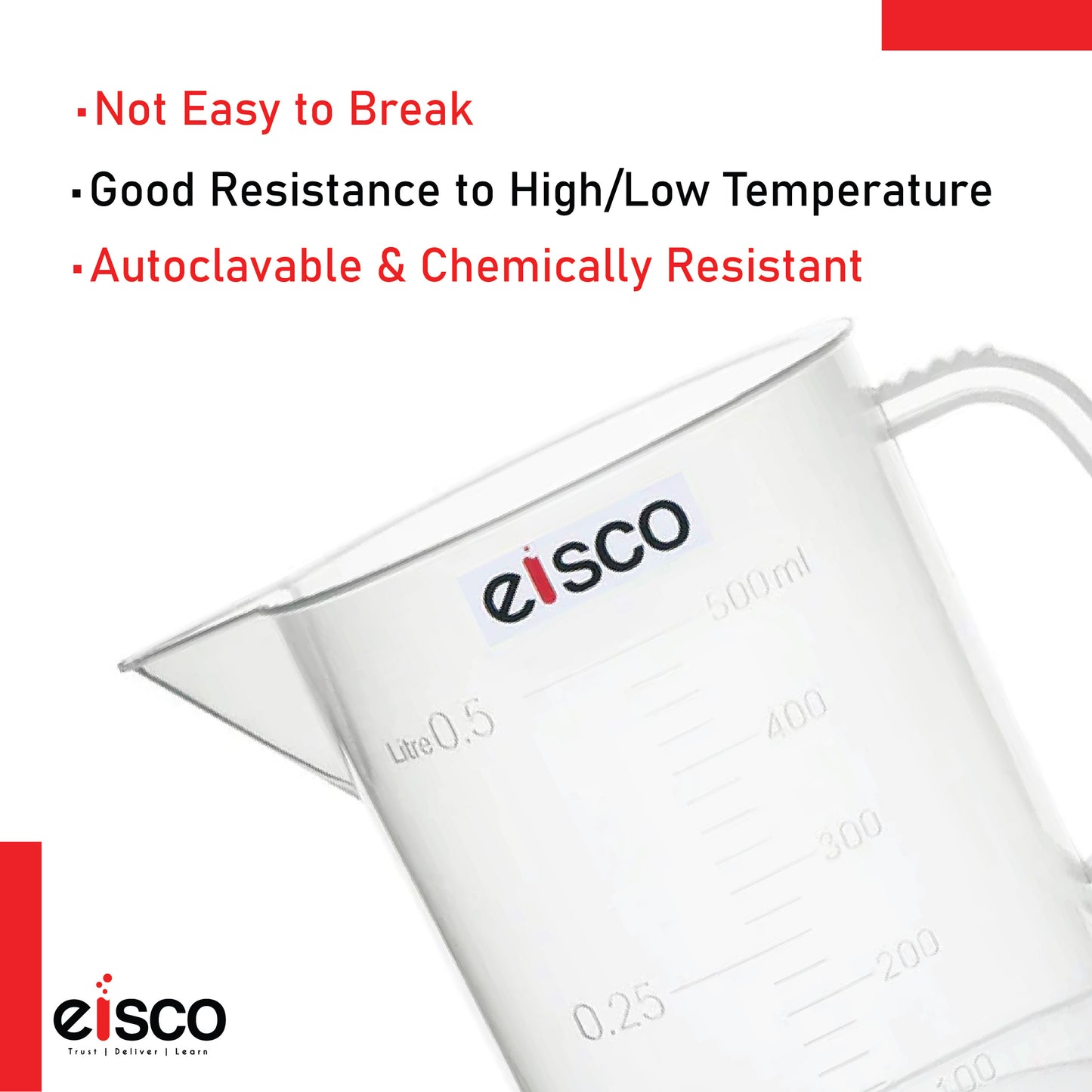 Beaker with Handle and Spout (Measuring Jug), 500 ml, Short Form, Made of Polypropylene, Graduated, Autoclavable, Good Chemical Resistance